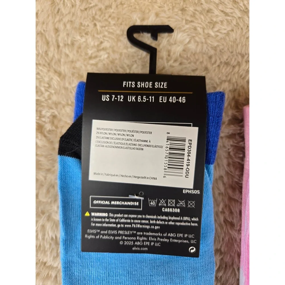 Elvis Presley Crew Socks 3 Pack Blue Pink Black Cadillac Signature Mens 7-12 NEW